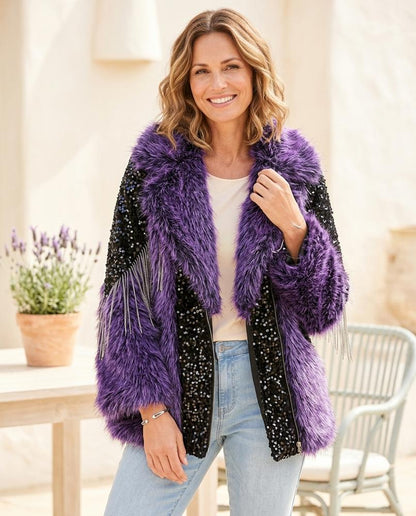 Fashion Bryant - Zelin | Sequin-Embellished Faux-Fur-Trimmed Jacket Women